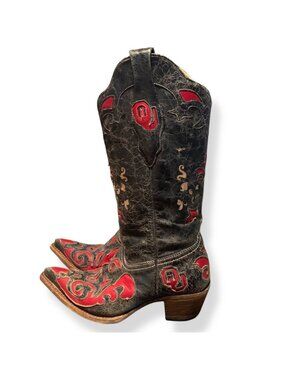Corral Womens Oklahoma Sooners Black & Red Leather Western Boots Size 7M